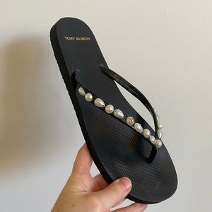 Tory Burch Black Women's Faux Pearl Embellished Flip-flops
